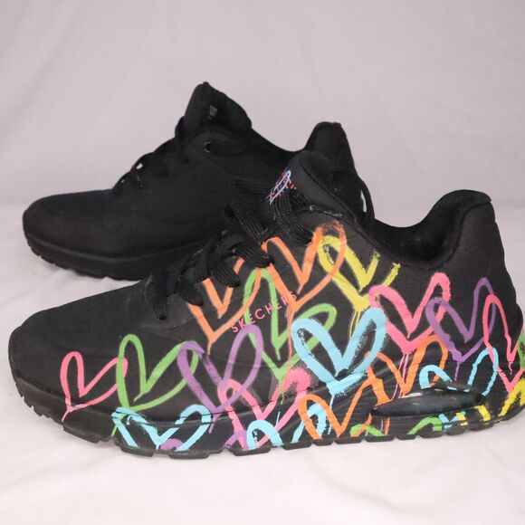 Skechers Black Rainbow Sneakers Women's Size 9 Hearts Love Multicolor - Picture 2 of 11